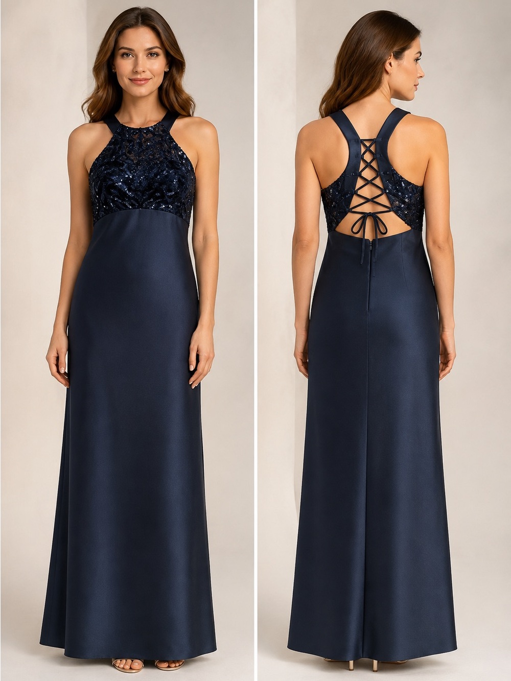 Steppin’ Out Navy Sequin Formal Gown Size 5/6 Lace Up Back